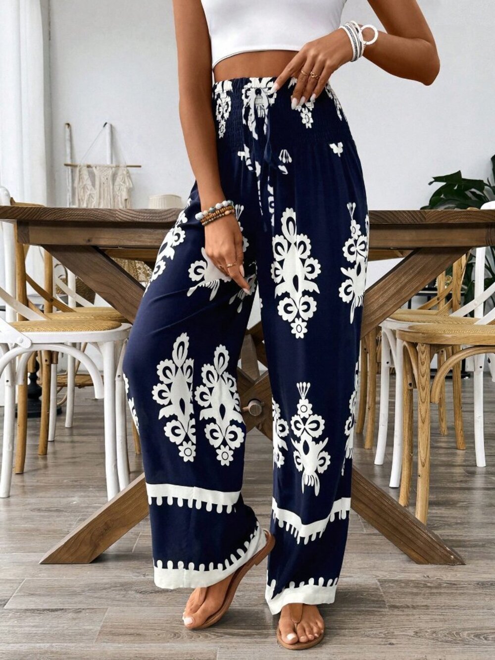 Women's Waistband Drawstring Floral Print Casual Pants, - Picture 5 of 5